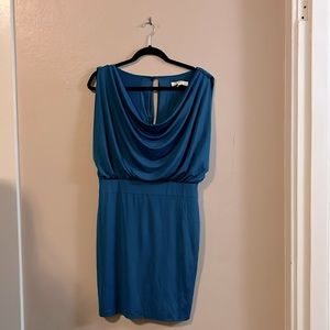 Aidan Mattox Blue Green Cowl Sleeveless Blouson Drape Button Cocktail Dress 4